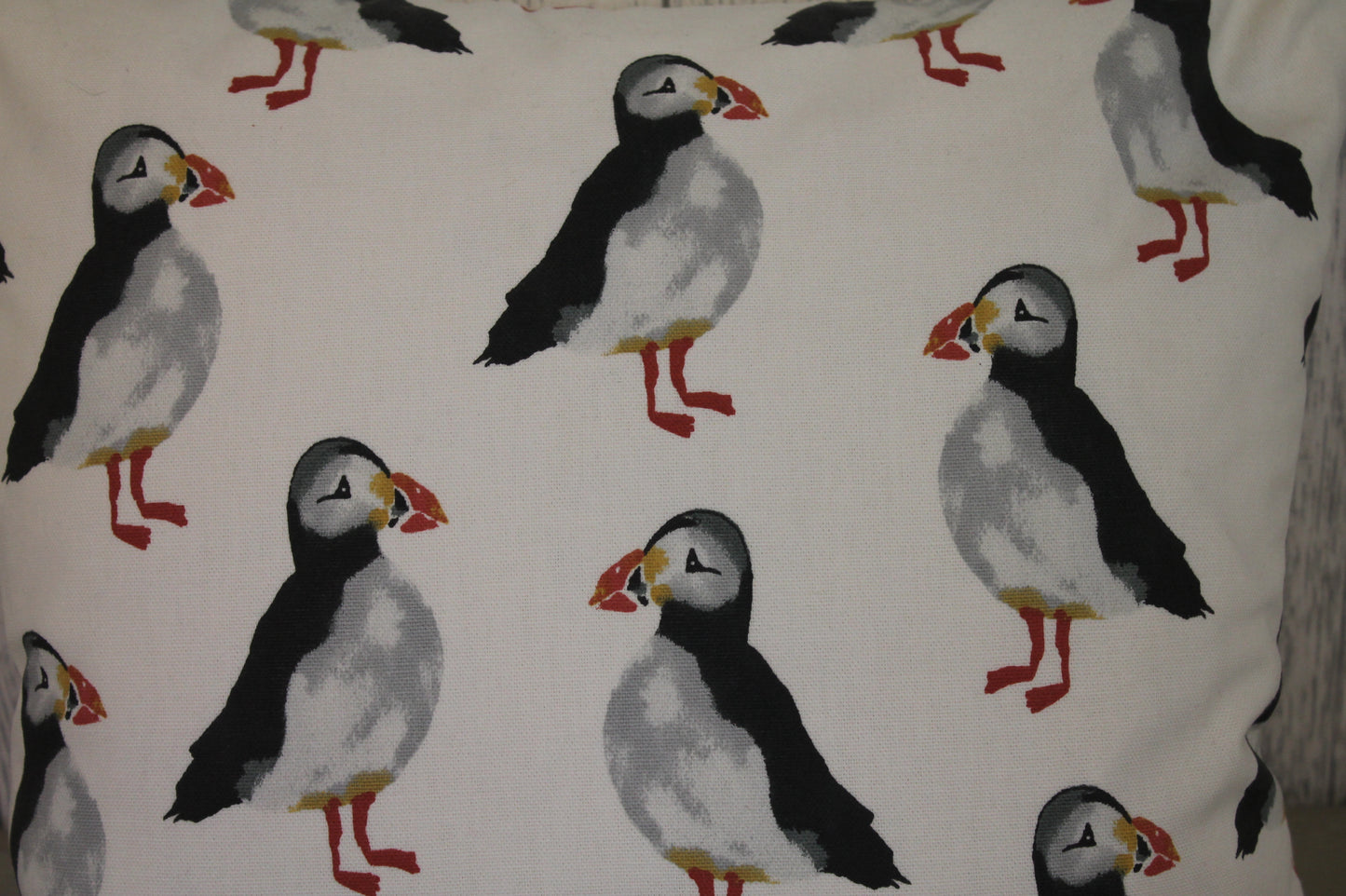 Puffin Cushion- 14" Cushion White Front cute puffin fabric on reverse - Lizzie Dixon Designs