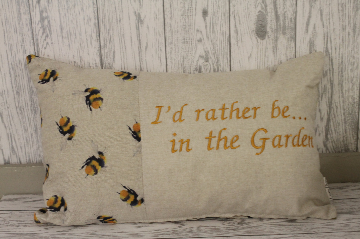 I'd rather be..... in the garden , Where would you rather be...?? Bee themed 20 x 12 inch personalised cushion