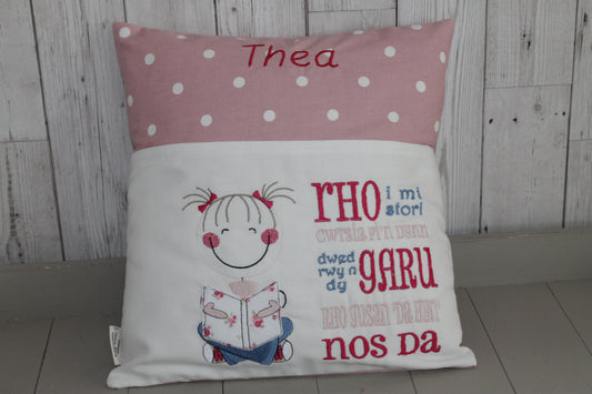 Cute Little Girl and Pink Dotty-Children's Reading Book Cushion Welsh saying - Lizzie Dixon Designs