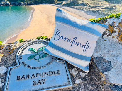Beachy vibe Blue and Cream stripe-Any Place Name Square cushion