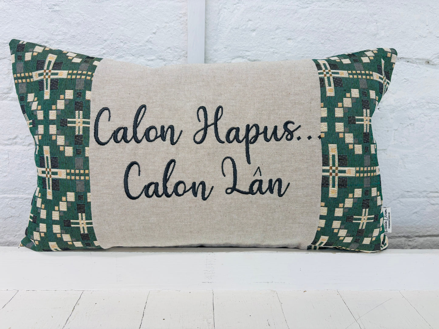 Vintage Cross Welsh Blanket style Calon Hapus.. Calon Lan Cushion-Personalised Cushion- Quote  Cushion-welsh tapestry style long cushion.