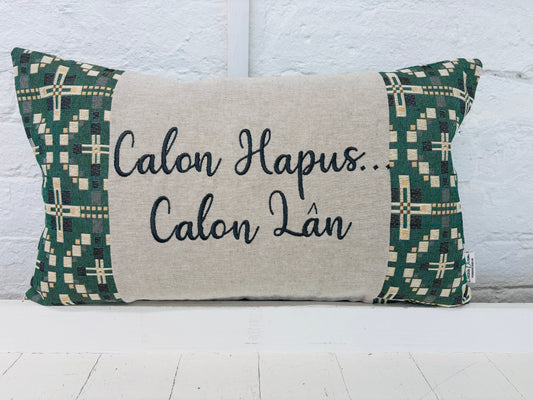 Vintage Cross Welsh Blanket style Calon Hapus.. Calon Lan Cushion-Personalised Cushion- Quote  Cushion-welsh tapestry style long cushion.