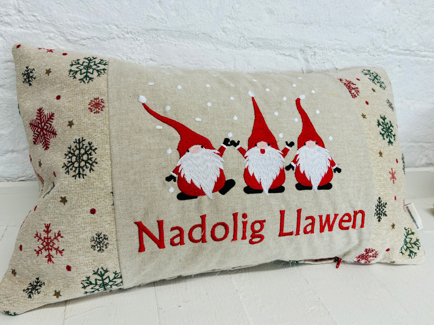 Nadolig Llawen Gnomes Cushion, Festive Cushion-Festive Gnomes- Christmas Gnomes- Gold Snowflake -Christmas decor