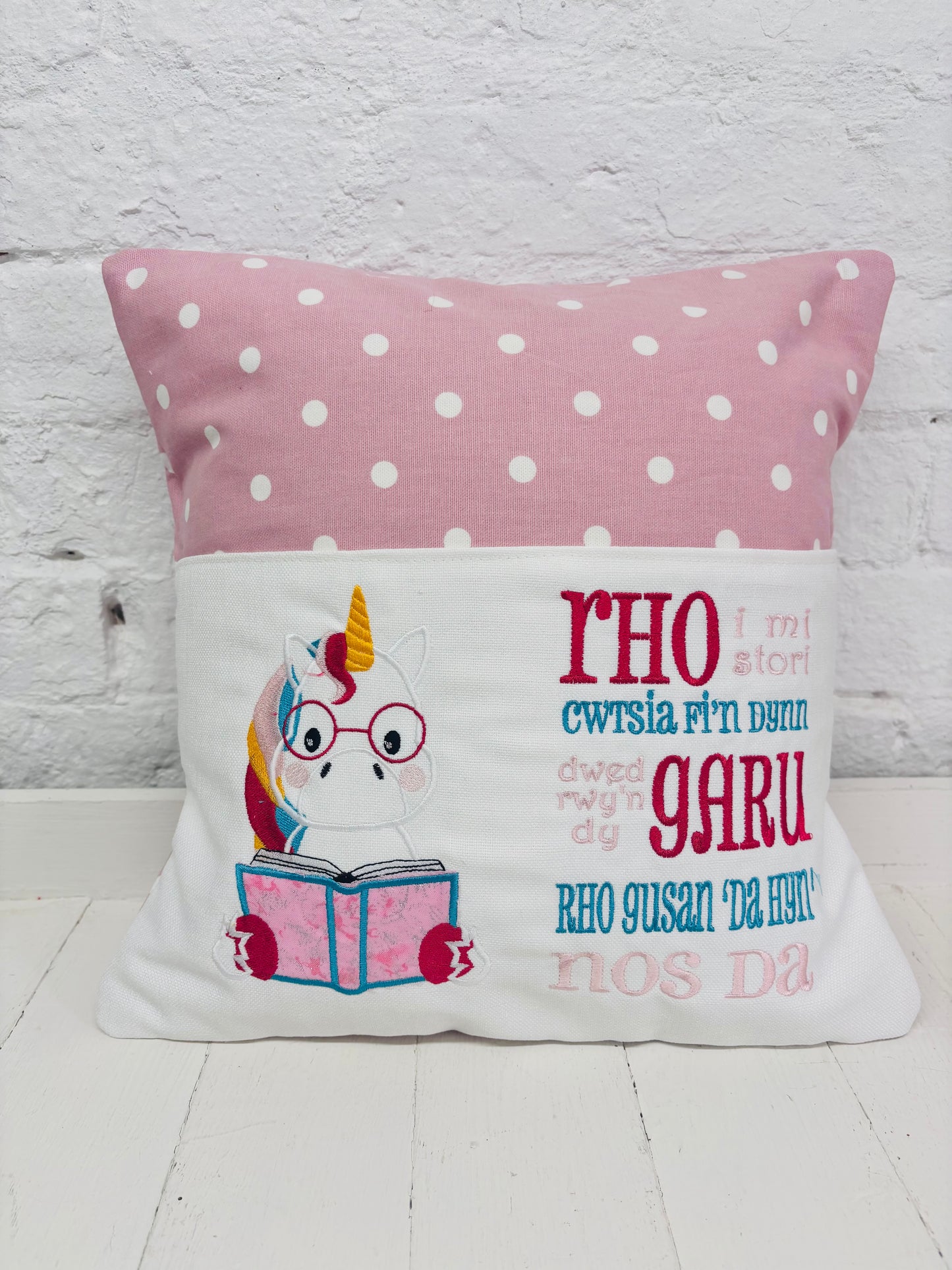 Cute Unicorn Children’s Book Cushion available in Welsh and English