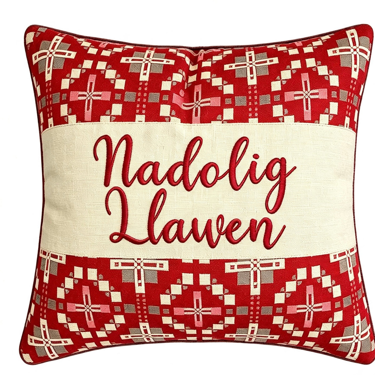Nadolig llawen Red Vintage Cross Cushion .