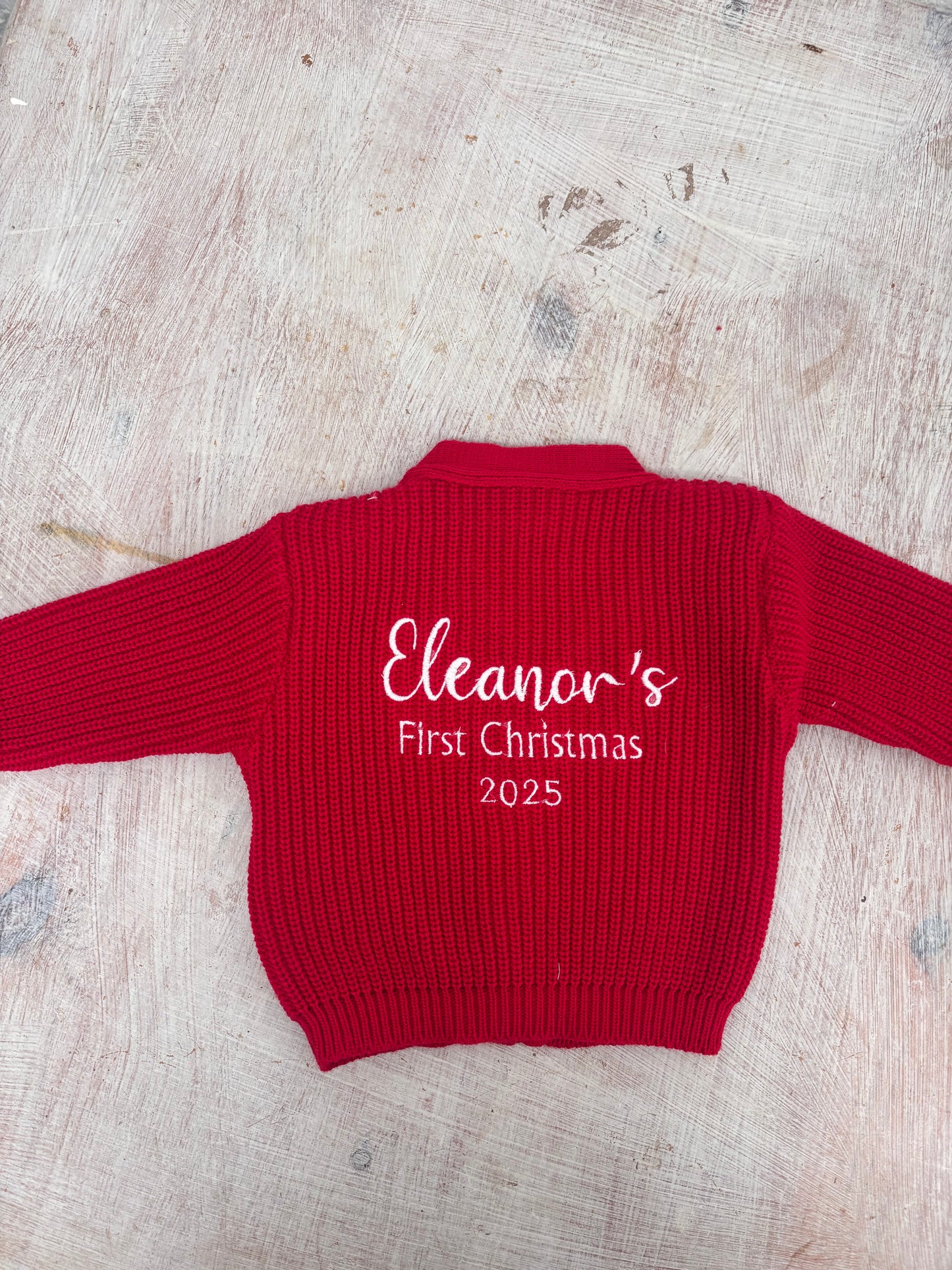 Red Personalised Knitted Baby Cardigan.