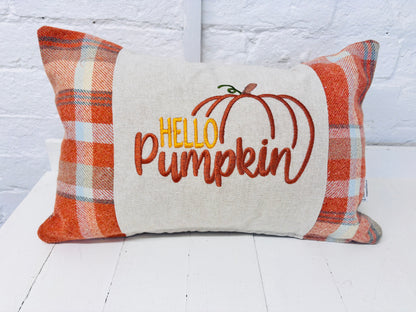 Hello pumpkin Cushion-Autumnal cushion- Orange and cream Plaid Cushion.