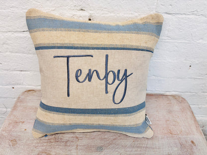 Beachy vibe Blue and Cream stripe-Any Place Name Square cushion
