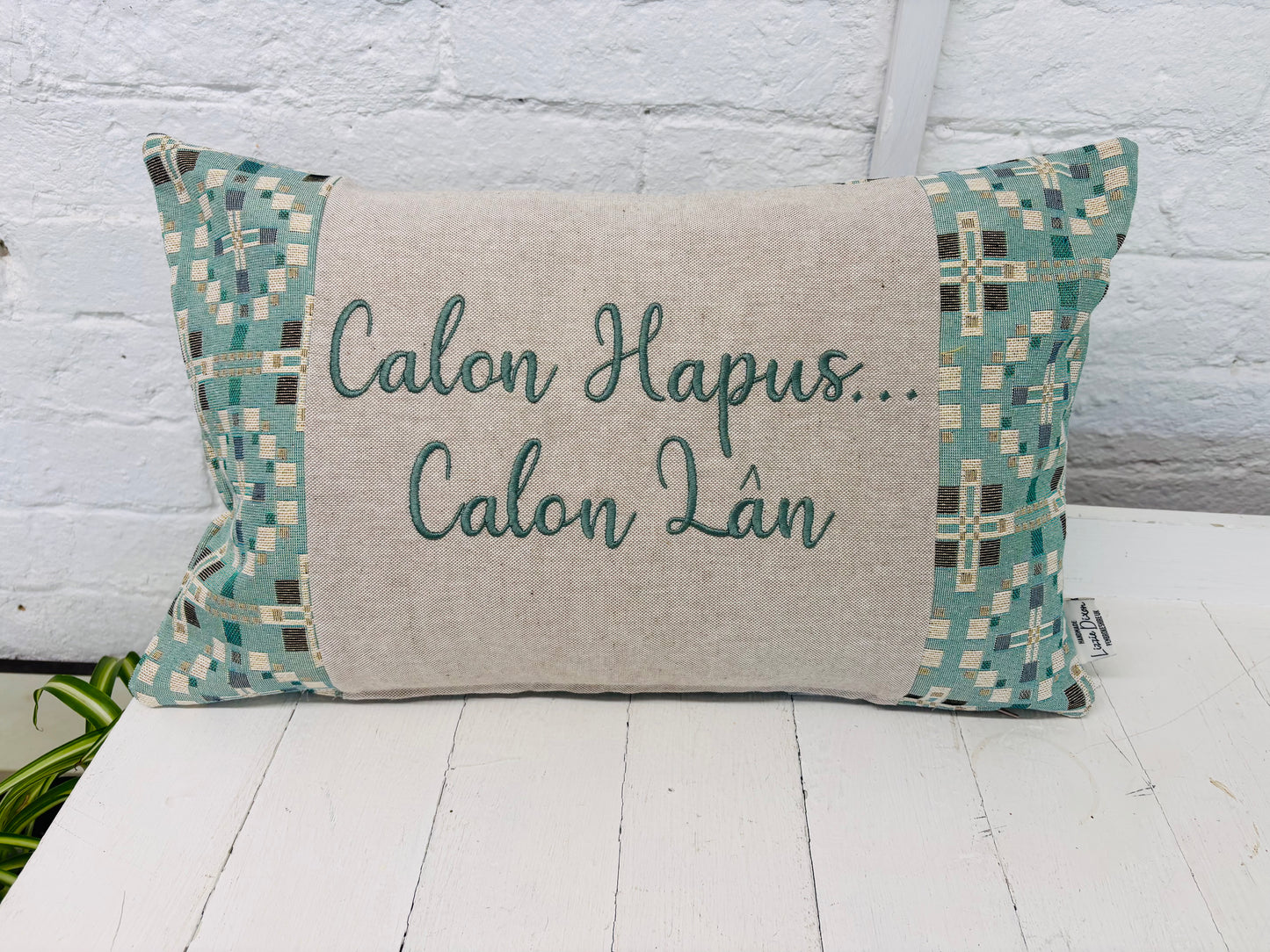 Vintage Cross Welsh Blanket style Calon Hapus.. Calon Lan Cushion-Personalised Cushion- Quote  Cushion-welsh tapestry style long cushion.