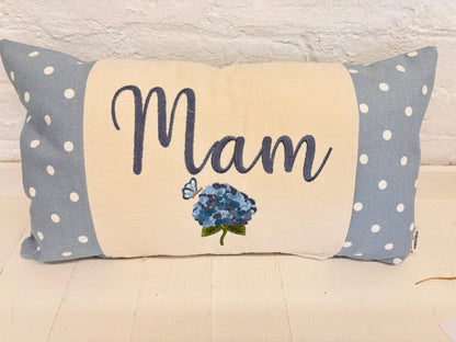 Blue Dotty & Hydragea  Personalised Mother’s Day Cushion- Blue  Dotty and Hydrangea - Mamgu cushion-Mamgu gift