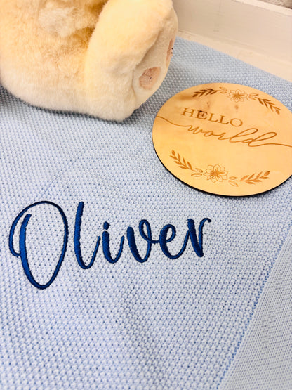Blue Knitted Baby blanket-Personalised