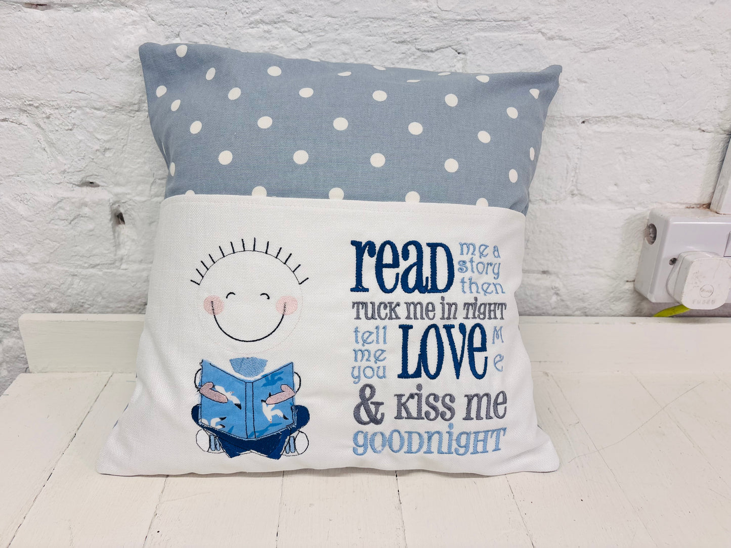 Little Boy Children's Reading Book Cushion in Welsh and English
