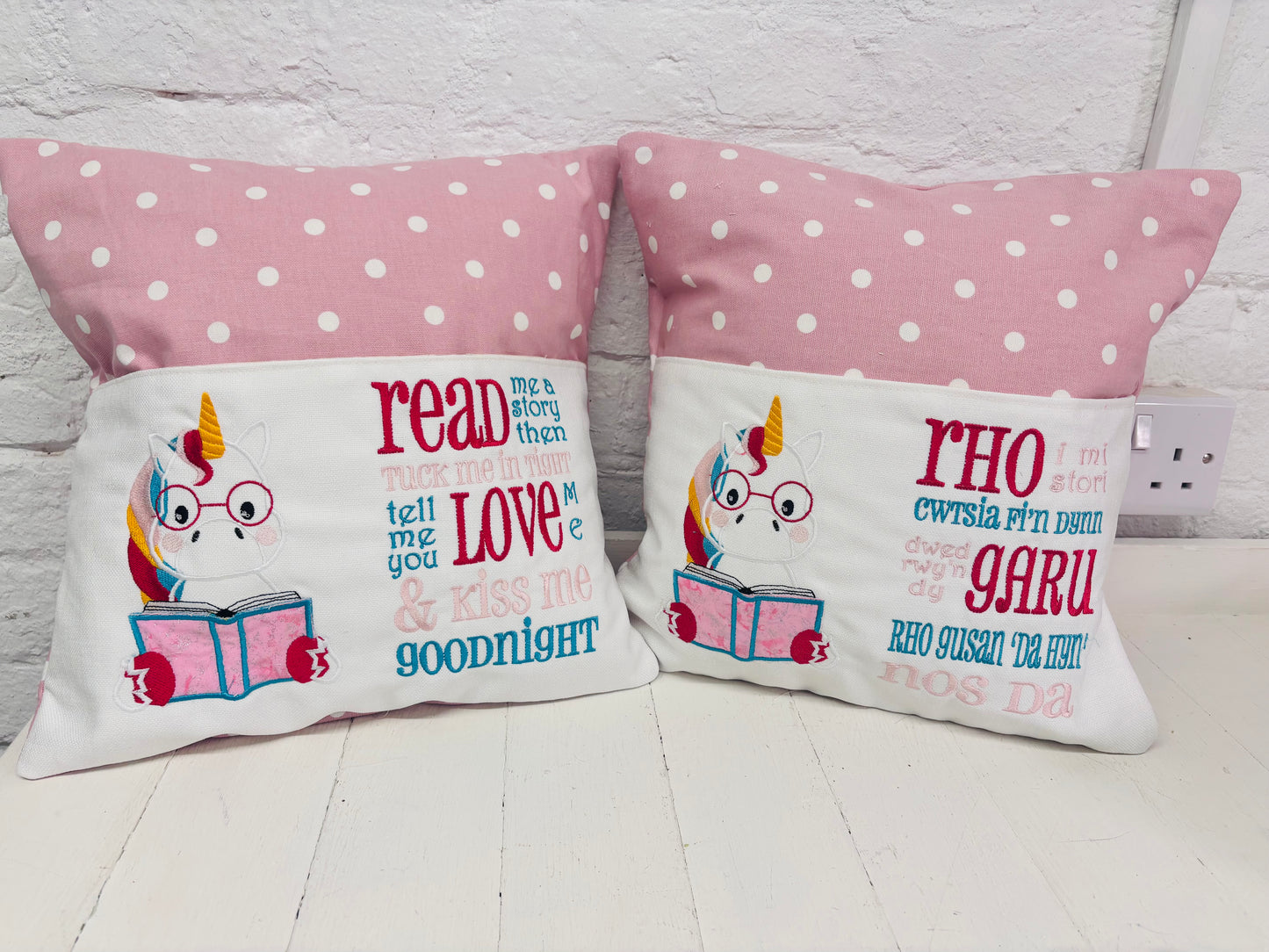 Cute Unicorn Children’s Book Cushion available in Welsh and English