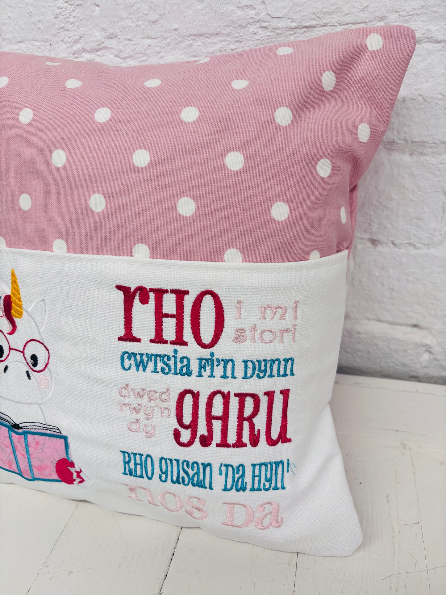 Cute Unicorn Children’s Book Cushion available in Welsh and English