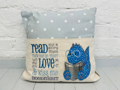 Blue Dino Children's Reading Book Cushion- Blue Dotty-English or Welsh