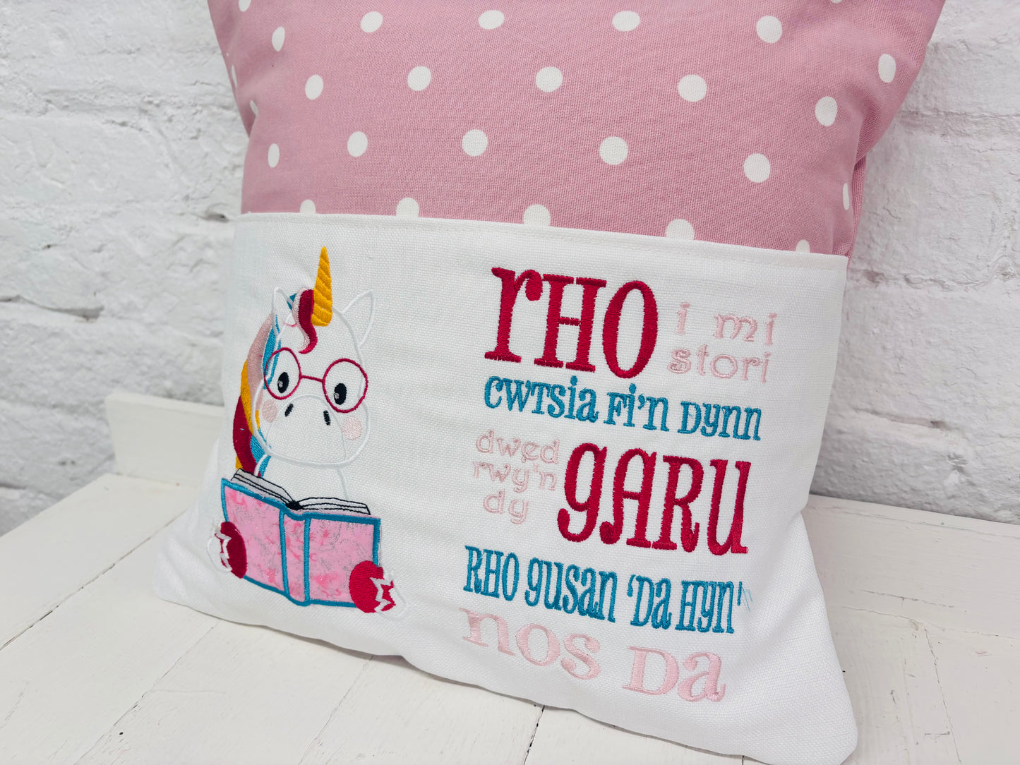 Cute Unicorn Children’s Book Cushion available in Welsh and English