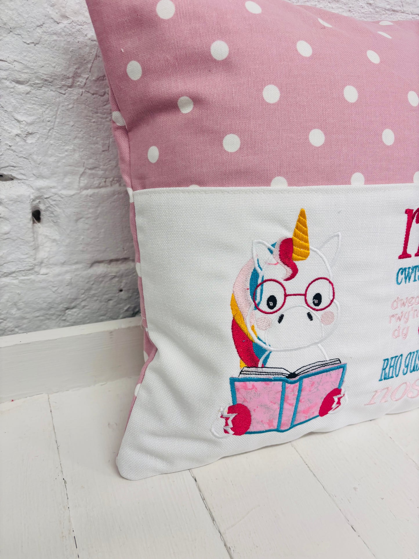 Cute Unicorn Children’s Book Cushion available in Welsh and English