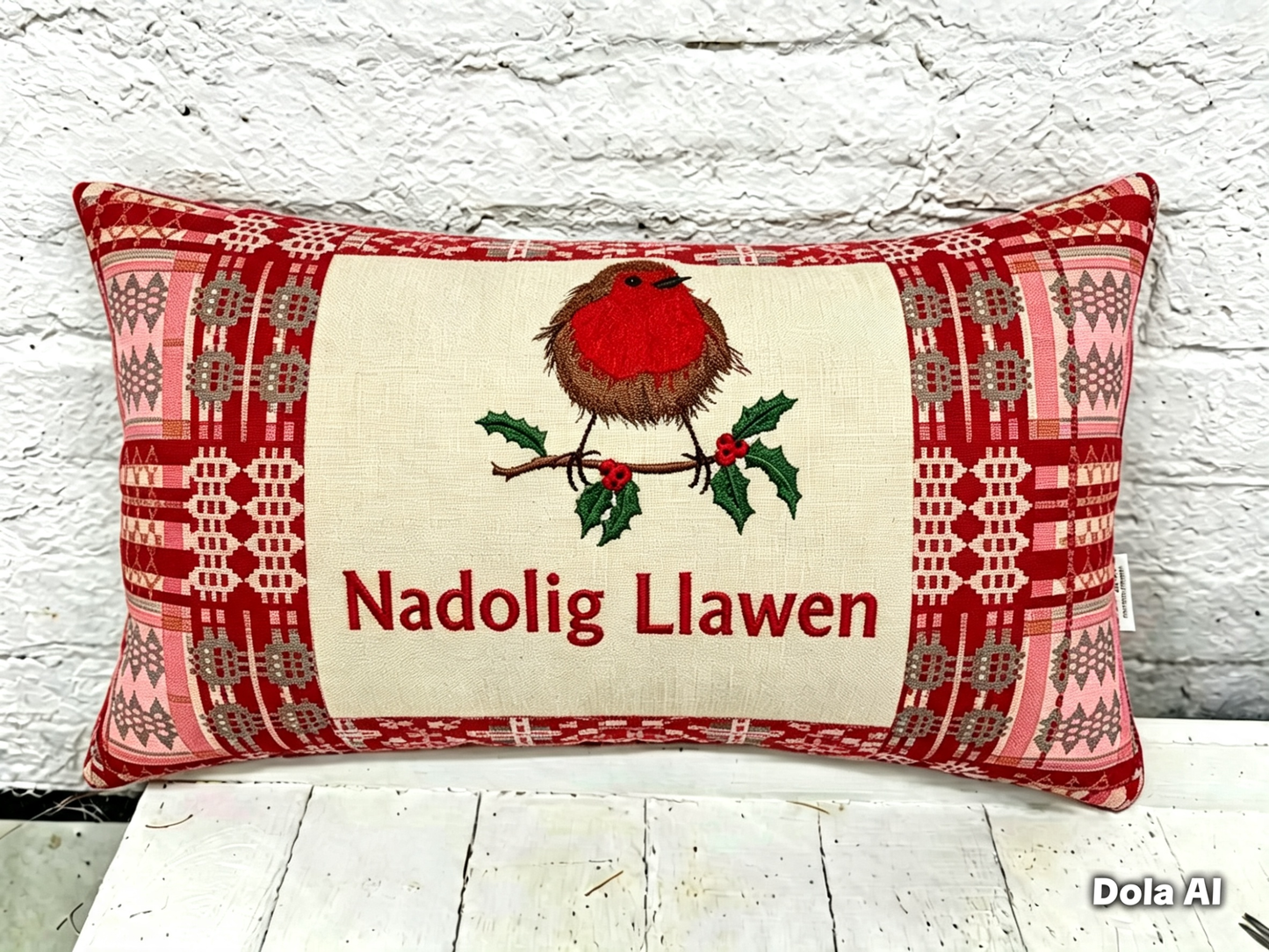 Robin Nadolig llawen Red Welsh Blanket Cushion .
