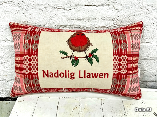 Robin Nadolig llawen Red Welsh Blanket Cushion .