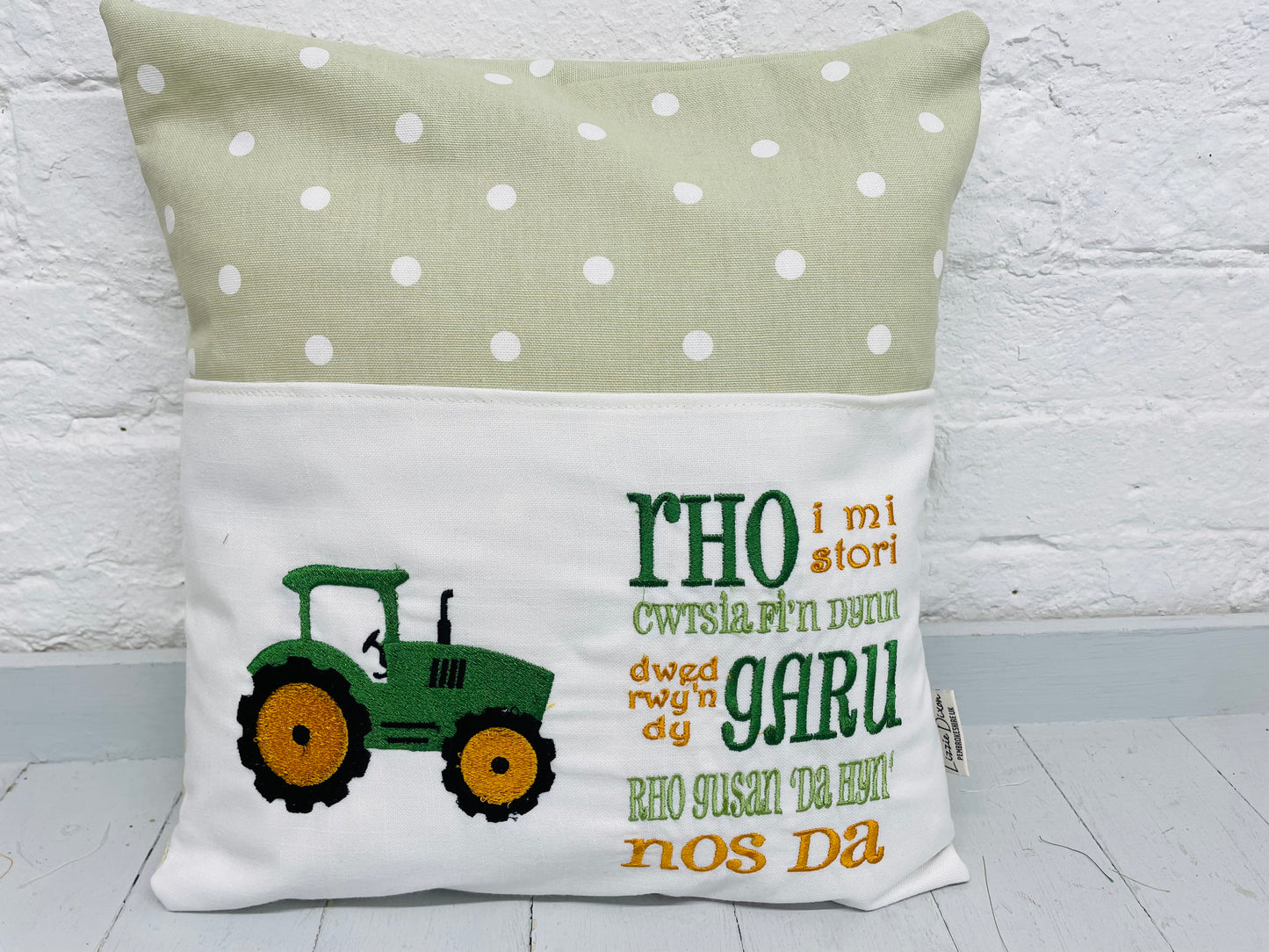 Green Tractor Welsh Children's Reading Book Cushion.