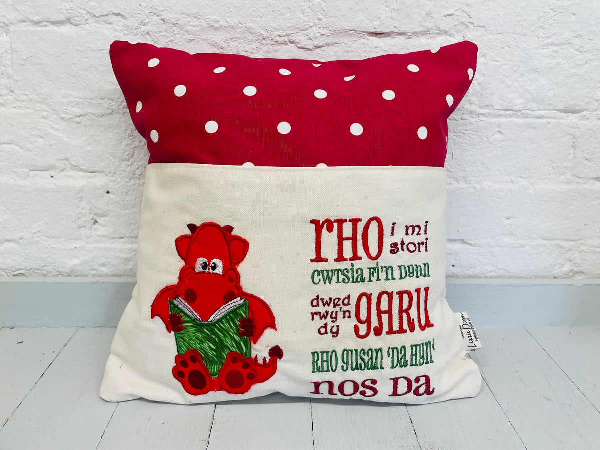 Cute Red Dragon Children’s Reading Book Cushion available in Welsh or English
