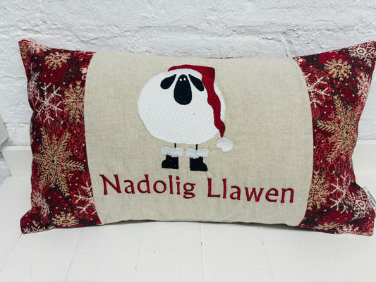 Festive Sheep Long Nadolig Llawen-Merry Christmas. Snow Flake Fabric