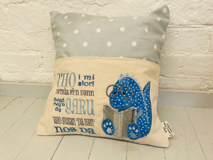 Blue Dino Children's Reading Book Cushion- Blue Dotty-English or Welsh