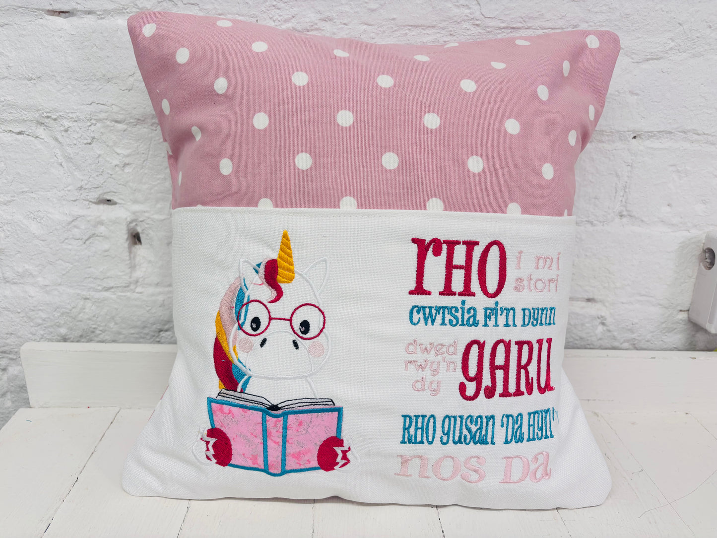 Cute Unicorn Children’s Book Cushion available in Welsh and English