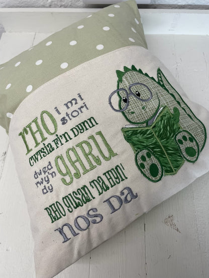 Welsh Green Dino Children's Reading Book Cushion.