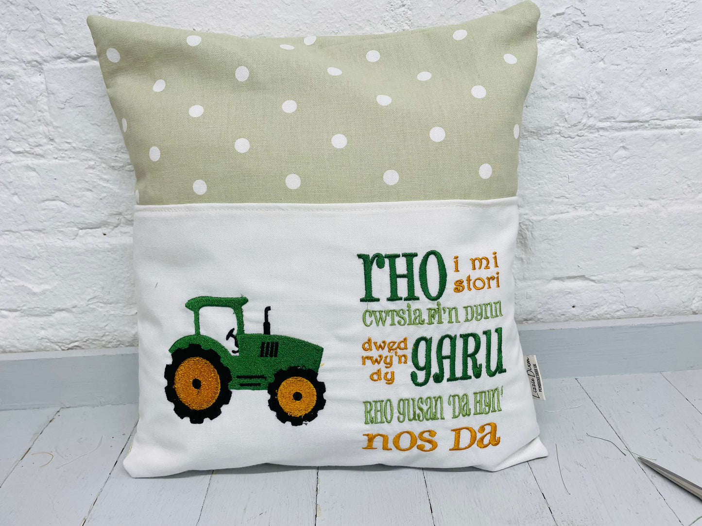 Green Tractor Welsh Children's Reading Book Cushion.