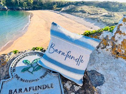 Beachy vibe Blue and Cream stripe-Any Place Name Square cushion