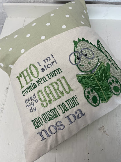 Welsh Green Dino Children's Reading Book Cushion.