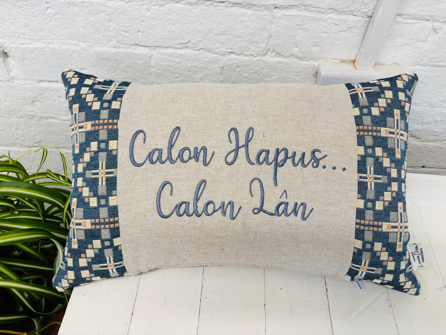 Vintage Cross Welsh Blanket style Calon Hapus.. Calon Lan Cushion-Personalised Cushion- Quote  Cushion-welsh tapestry style long cushion.