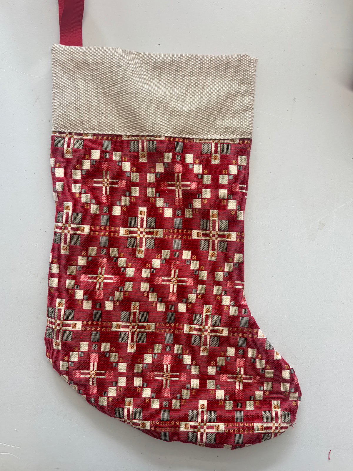 Christmas Stocking- Red Vintage Cross -Nadolig Llawen- Merry Christmas  or Personalised Stocking