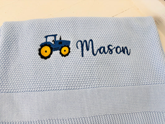 Personalised Baby knitted Blanket – Name and a Tractor