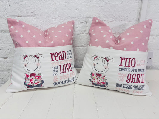 Little Girl Children’s Reading Book Cushion available in Welsh or English
