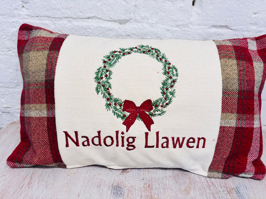 Christmas Wreath Nadolig llawen  Red Wool Cushion .