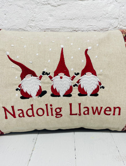 Nadolig Llawen Gnomes Cushion, Festive Cushion-Festive Gnomes- Christmas Gnomes- Gold Snowflake -Christmas decor