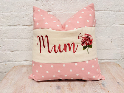 Pink Dotty & Hydragea  Personalised Mother’s Day Cushion-Pink Dotty and snowdrops- Mamgu cushion-Mamgu gift