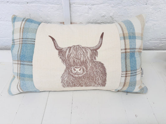 Highland Cow Cushion- Skye Blue wool Long Cushion