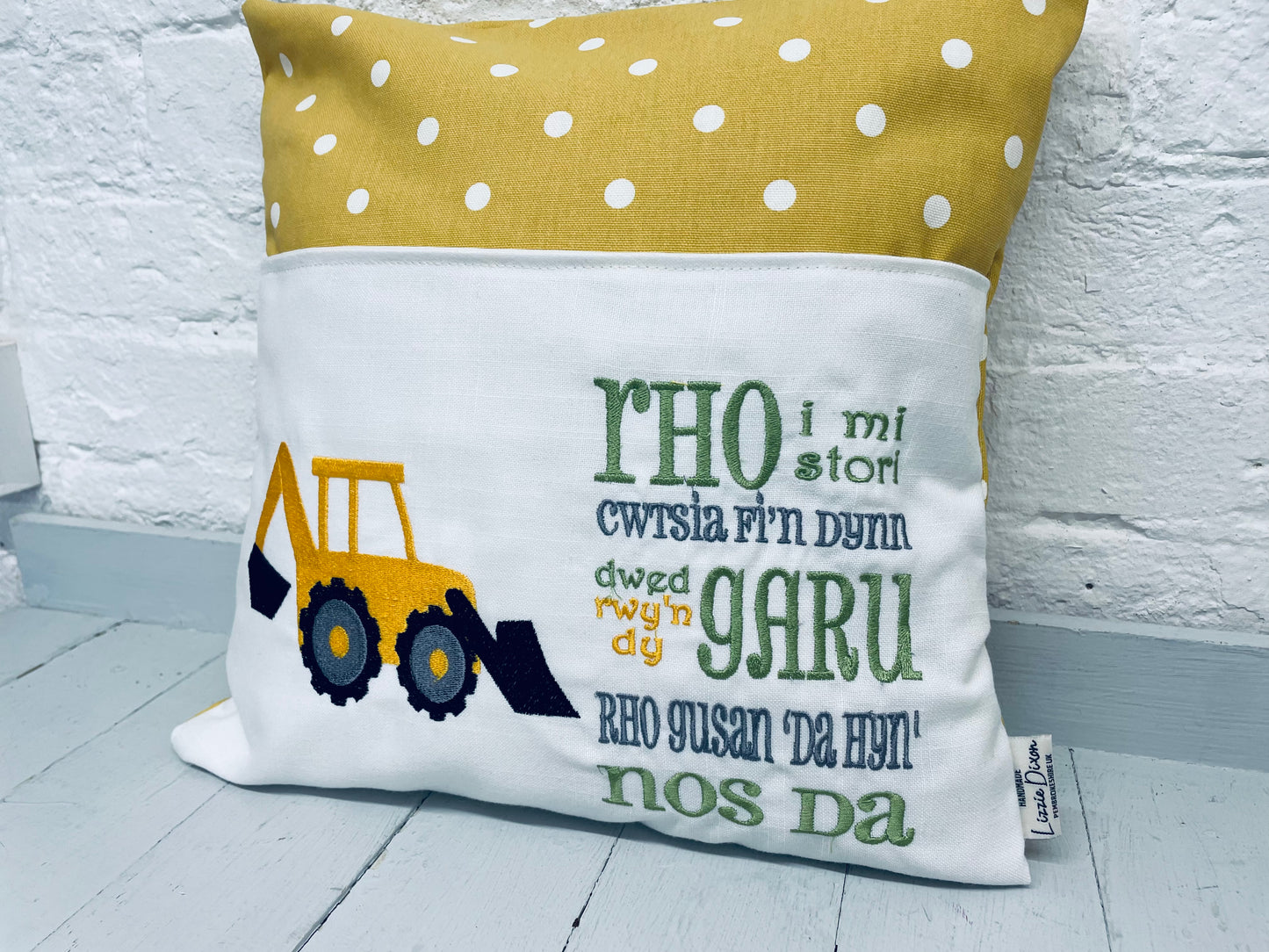 Digger with Welsh saying Children's Reading Book Cushion.