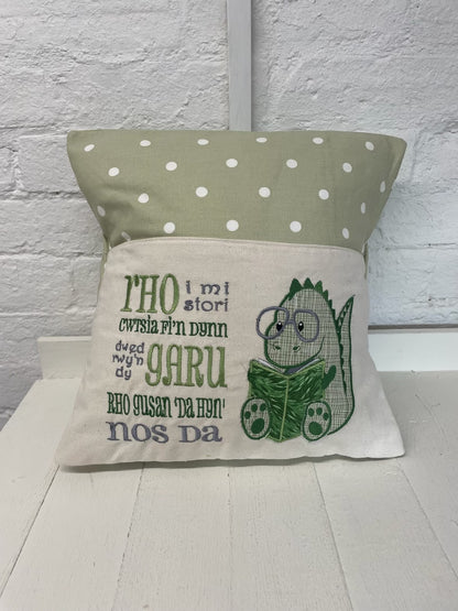 Welsh Green Dino Children's Reading Book Cushion.