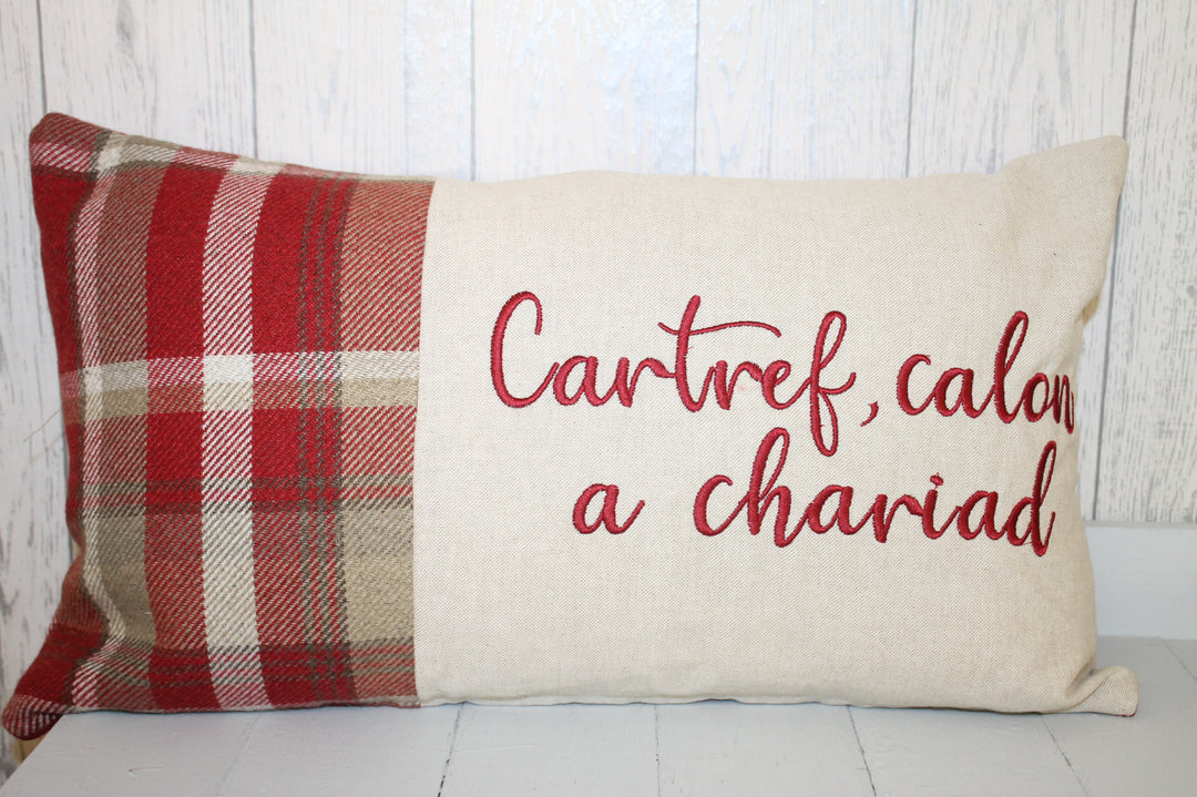 Cartref calon a chariad Cushion-Personalised Cushion- Quote Cushion-Wool touch and Cream long cushion. Personalised cushion