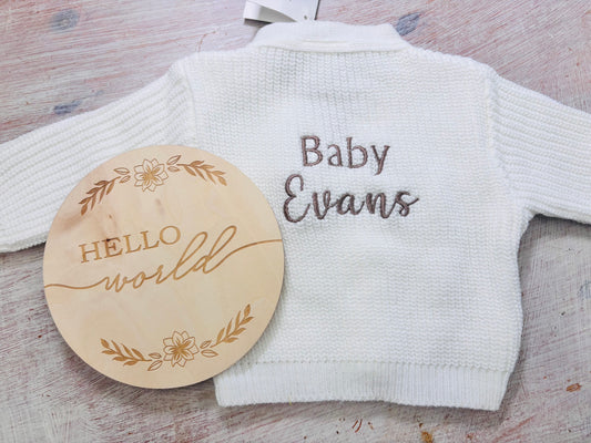 White Personalised Knitted Baby Cardigan