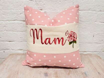 Pink Dotty & Hydragea  Personalised Mother’s Day Cushion-Pink Dotty and snowdrops- Mamgu cushion-Mamgu gift