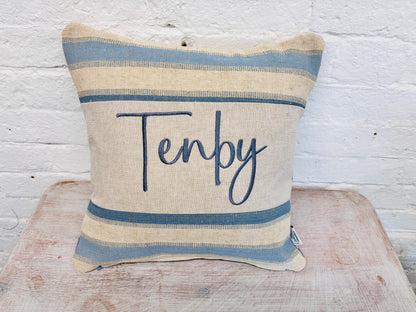 Beachy vibe Blue and Cream stripe-Any Place Name Square cushion
