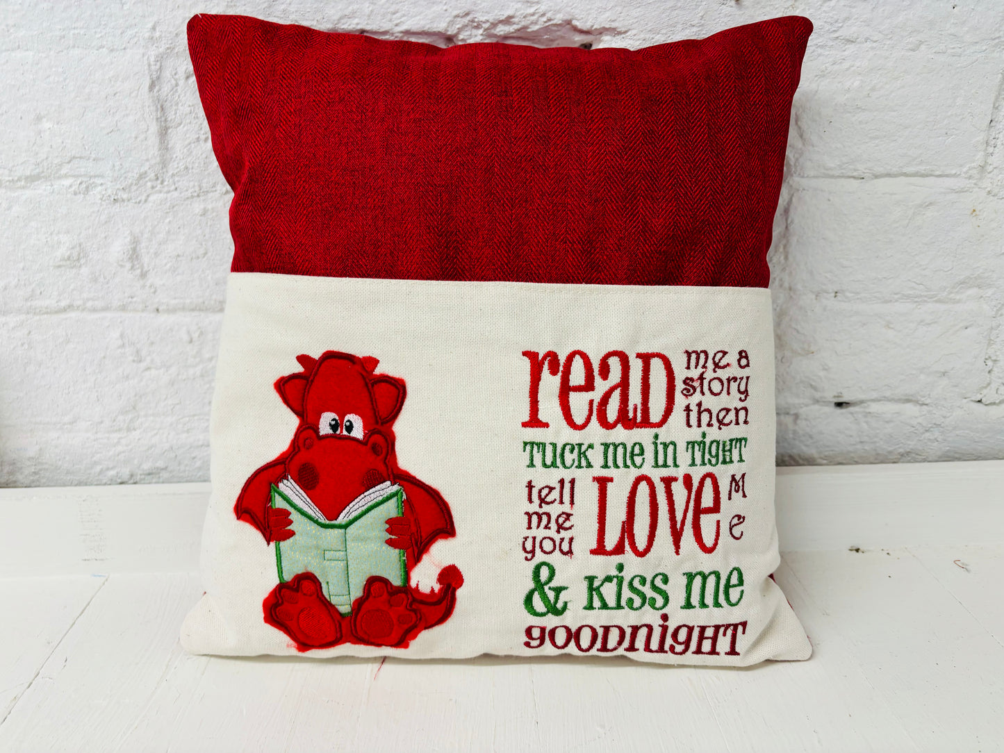 Cute Red Dragon Children’s Reading Book Cushion available in Welsh or English