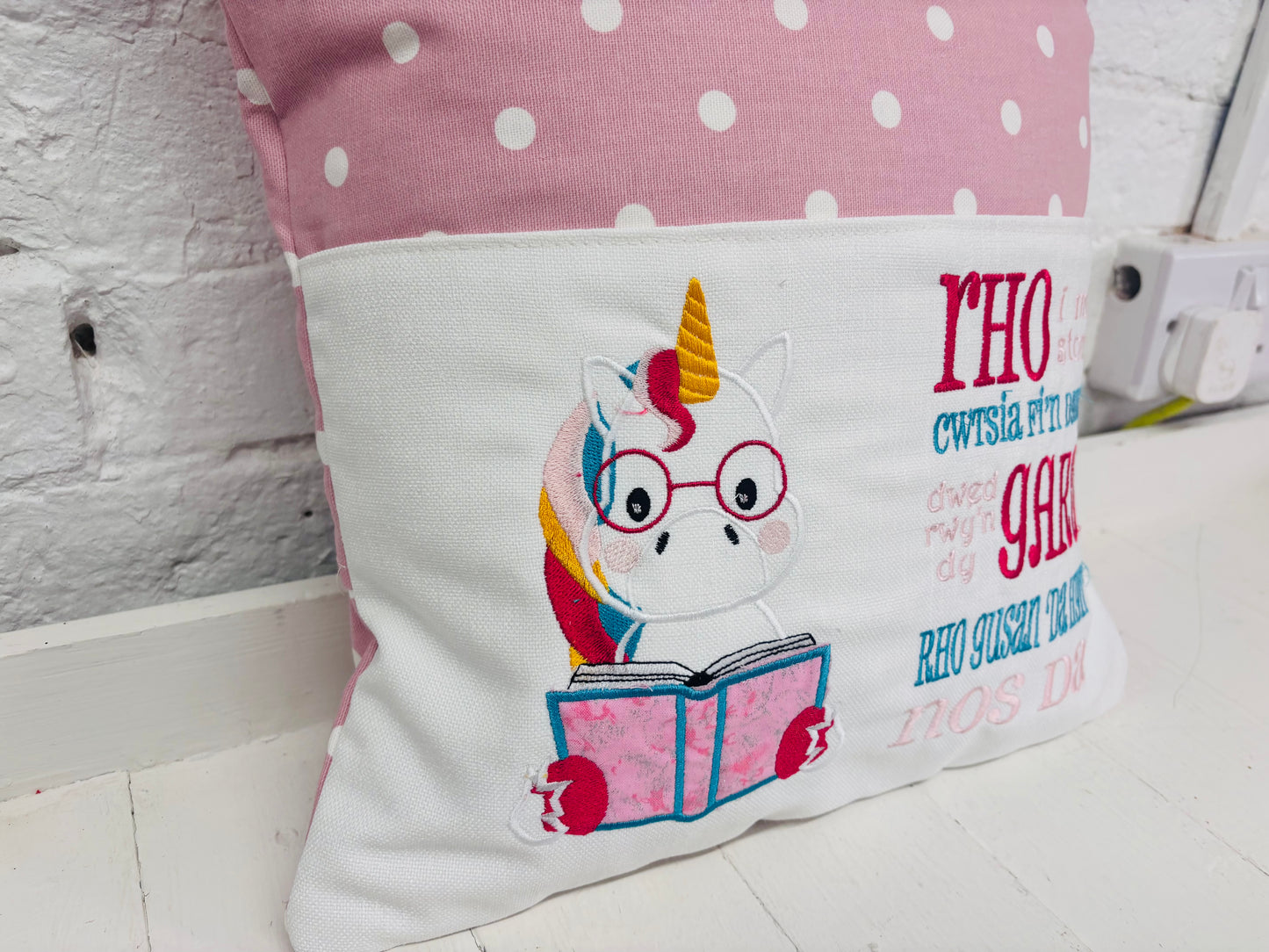 Cute Unicorn Children’s Book Cushion available in Welsh and English