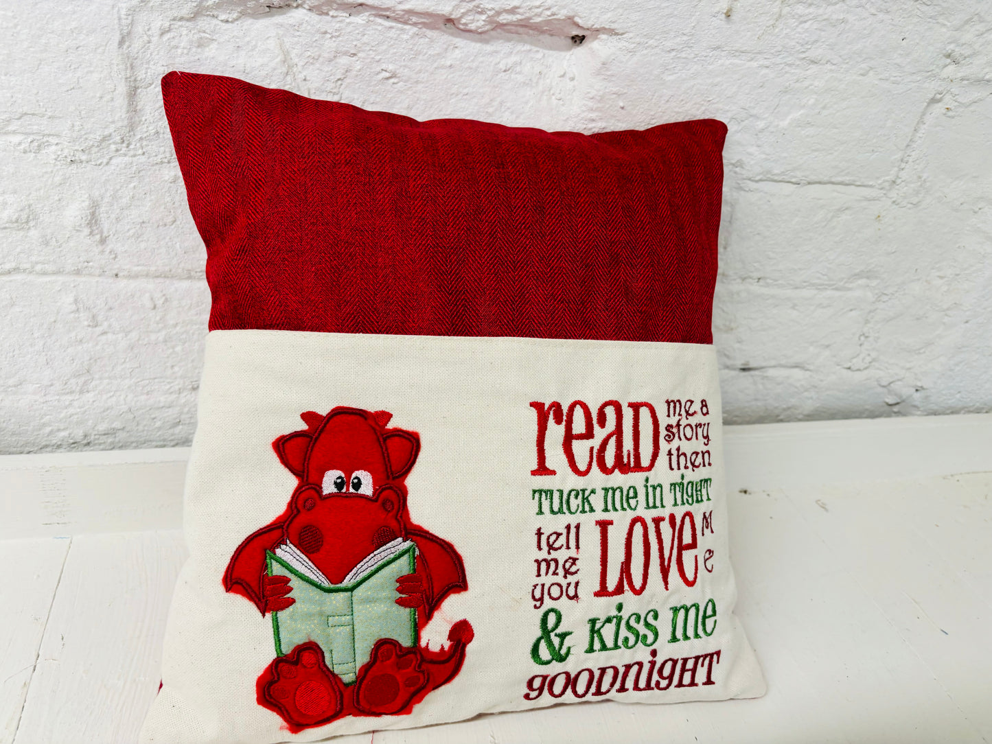 Cute Red Dragon Children’s Reading Book Cushion available in Welsh or English
