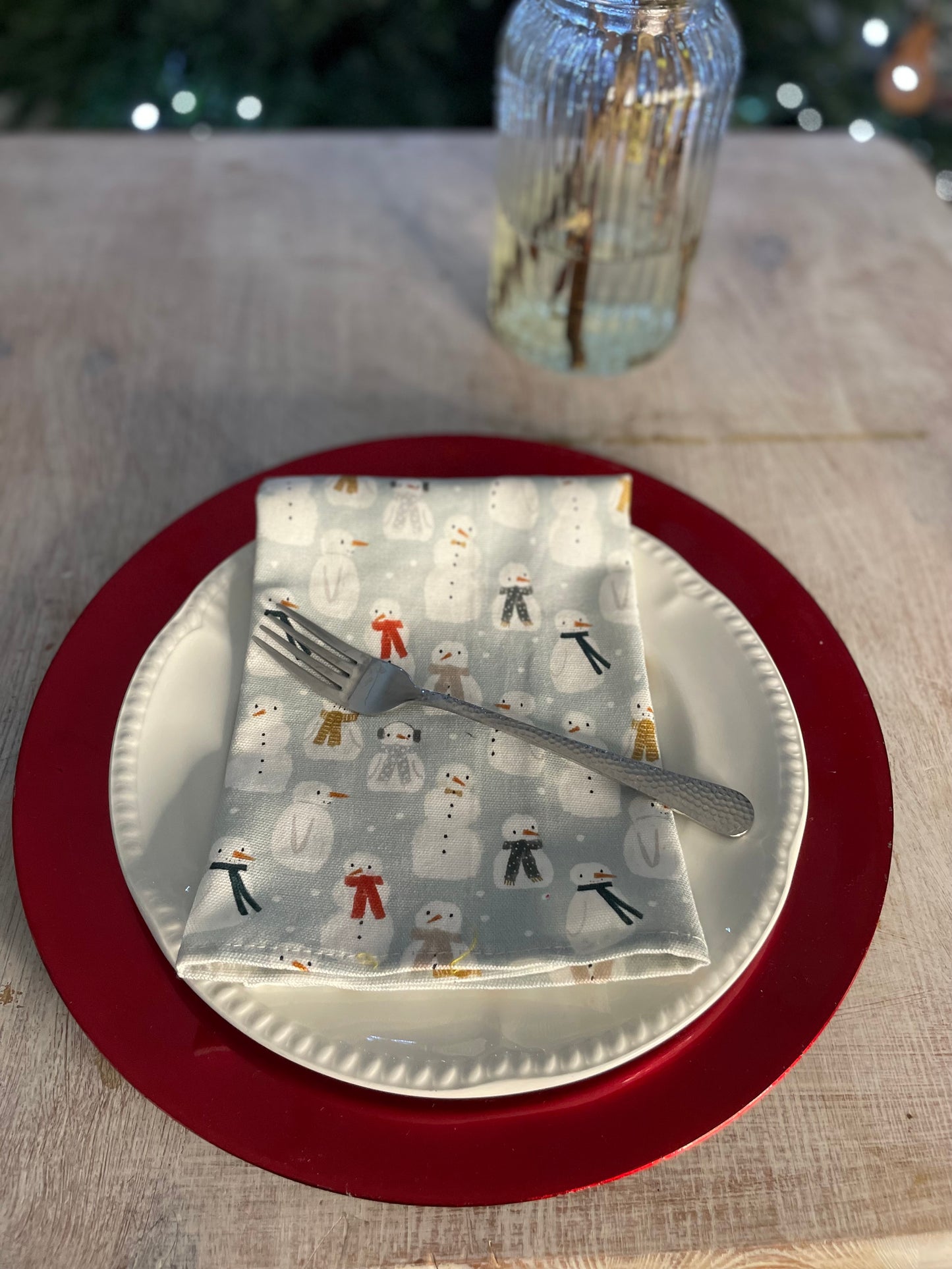 Snow man fabric Napkins Festive table- and Christmas Trees, Handmade festive Napkins - Fabric Napkins